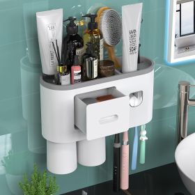 Toothbrush Holder Wall Mounted Automatic Toothpaste Dispenser Squeezer Kit (Color: Grey)